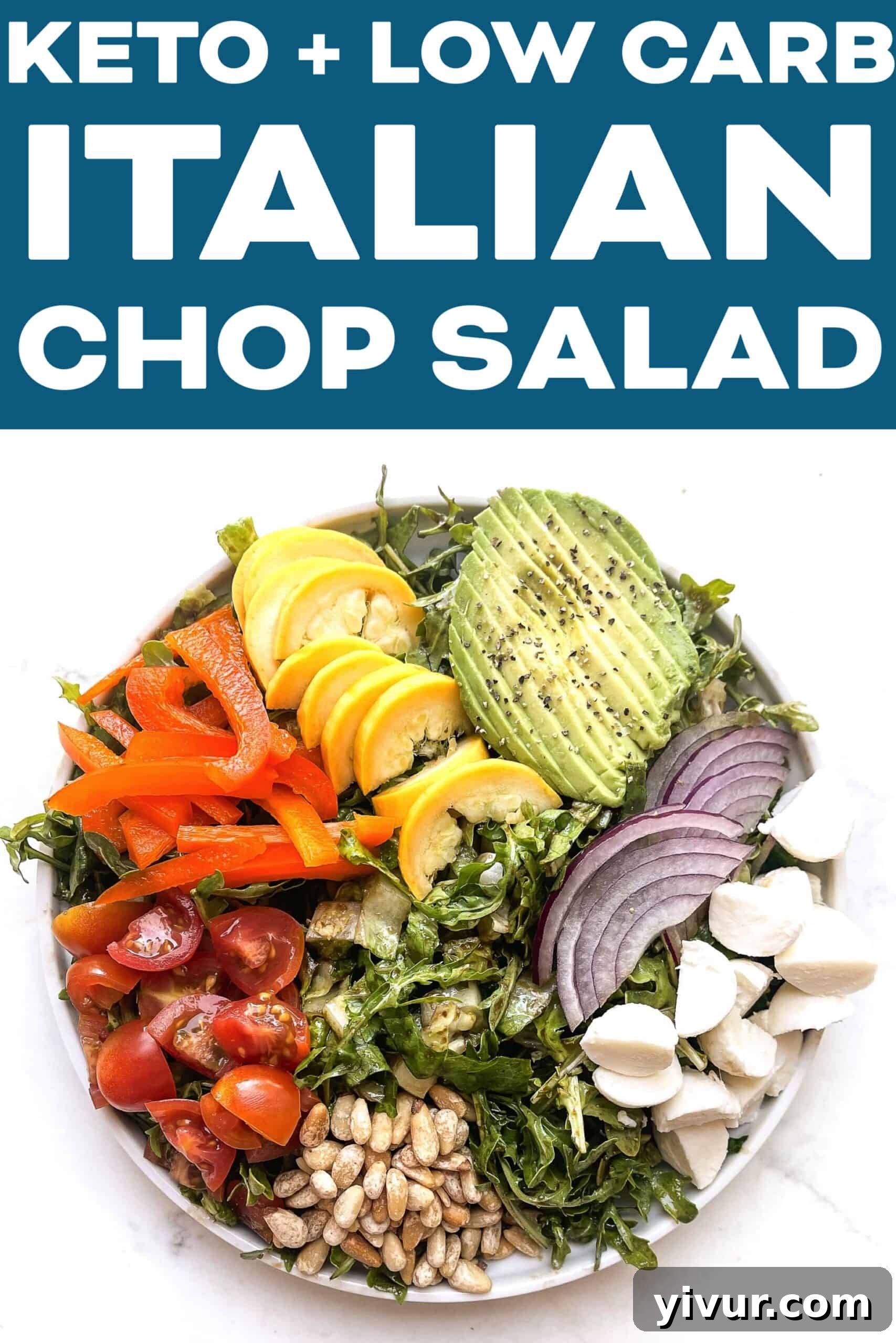 A vibrant and colorful Keto Italian Chopped Salad, showcasing the diverse array of fresh vegetables and pine nuts, making it an appealing and healthy meal option.