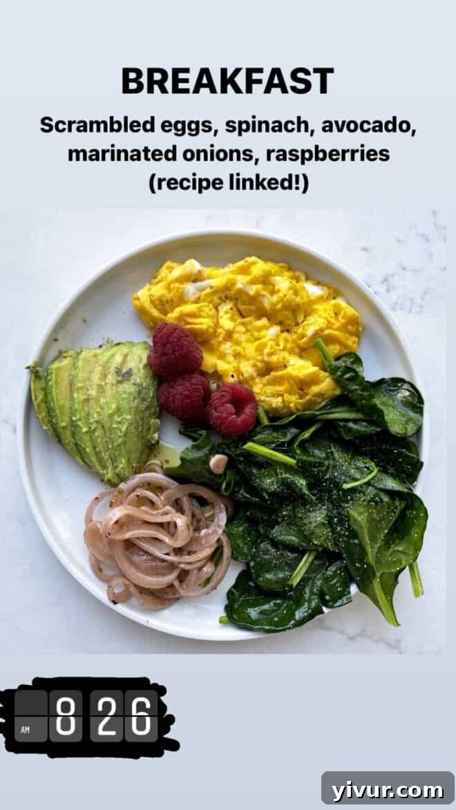 Edible March Adventures 22 Scrambled Eggs, Sauteed Spinach, Avocado, Marinated Onions, Raspberries for breakfast