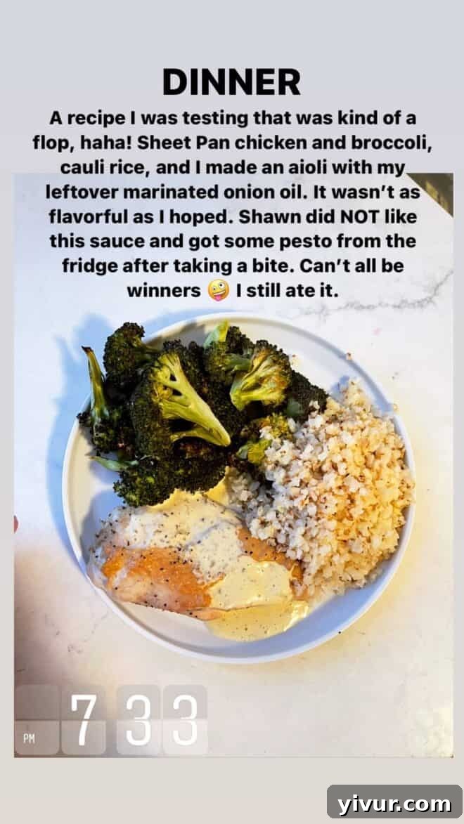 Edible March Adventures 27 Sheet Pan Chicken, Broccoli, Cauliflower Rice, Marinated Onion Oil Aioli