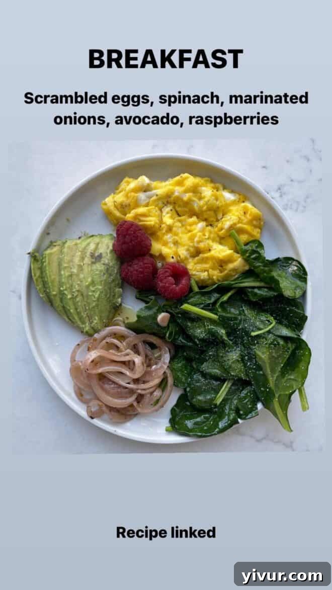 Edible March Adventures 29 Scrambled Eggs, Sauteed Spinach, Avocado, Marinated Onions, Raspberries for breakfast
