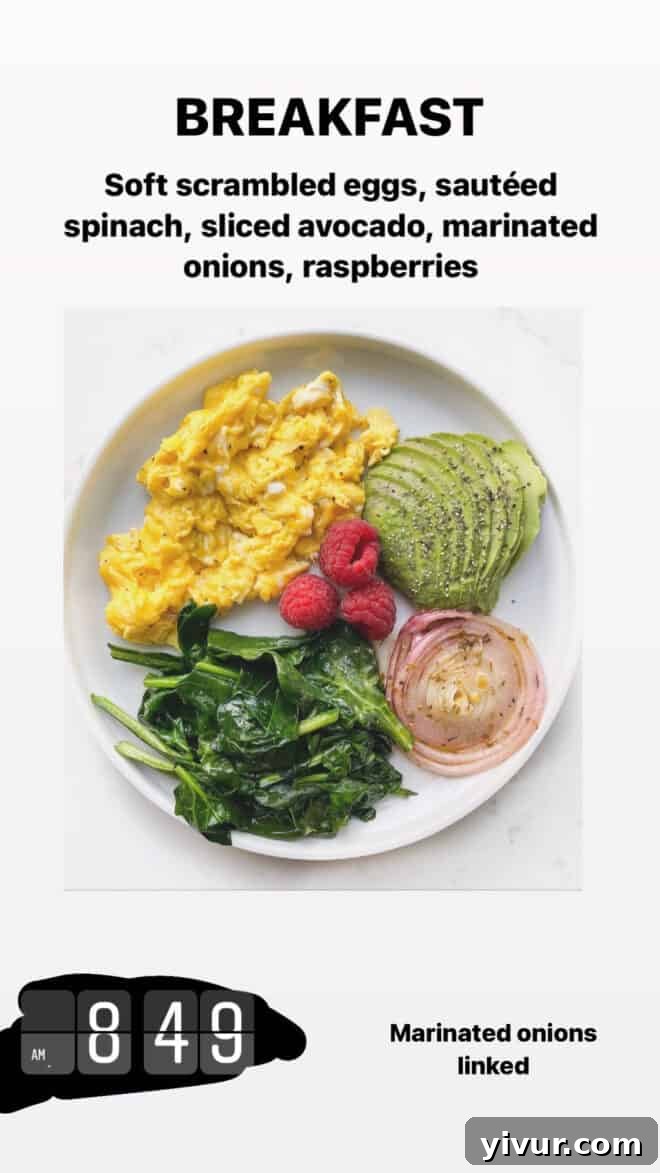 Edible March Adventures 4 Soft Scrambled Eggs with Sauteed Spinach, Avocado, Marinated Onions, Raspberries