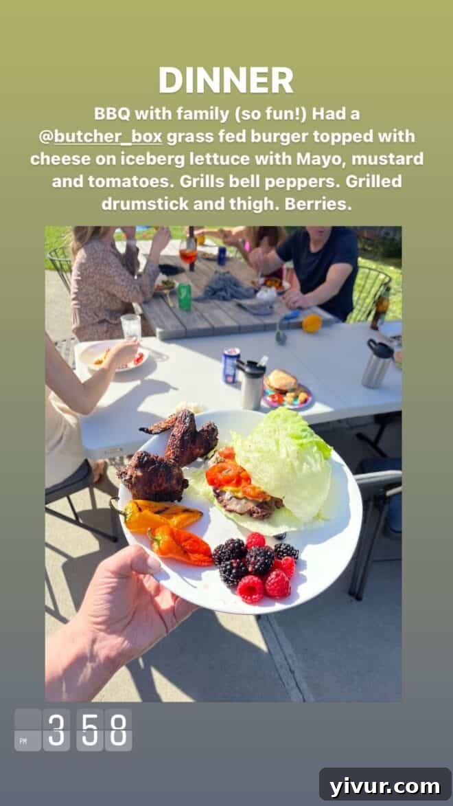 Edible March Adventures 38 Cheeseburger on Lettuce, Grilled Chicken, Grilled Bell Peppers, Berries