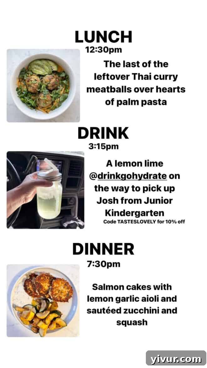 Edible March Adventures 43 Thai Curry Meatballs, Hearts of Palm, GoHydrate, Salmon Cakes with Lemon Garlic Aioli, Sauteed Zucchini and Squash