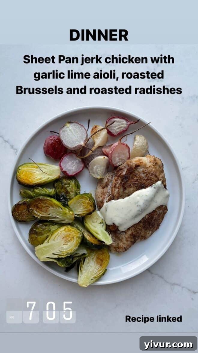 Edible March Adventures 8 Sheet Pan Jerk Chicken with Garlic Lime Aioli, Roasted Brussels, Roasted Radishes