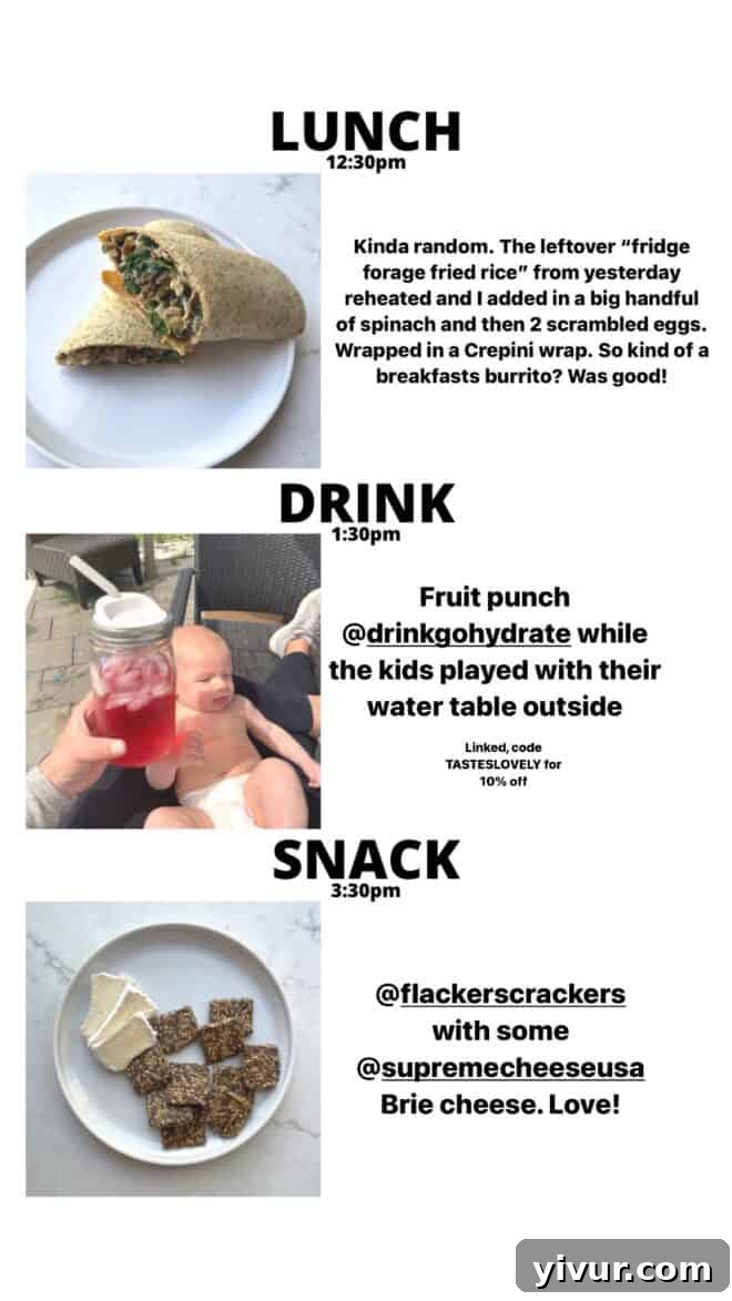 Fridge Forage Fried Rice, fresh Spinach, Scrambled Eggs, Crepini, hydrating GoHydrate, Flackers, and creamy Brie Cheese