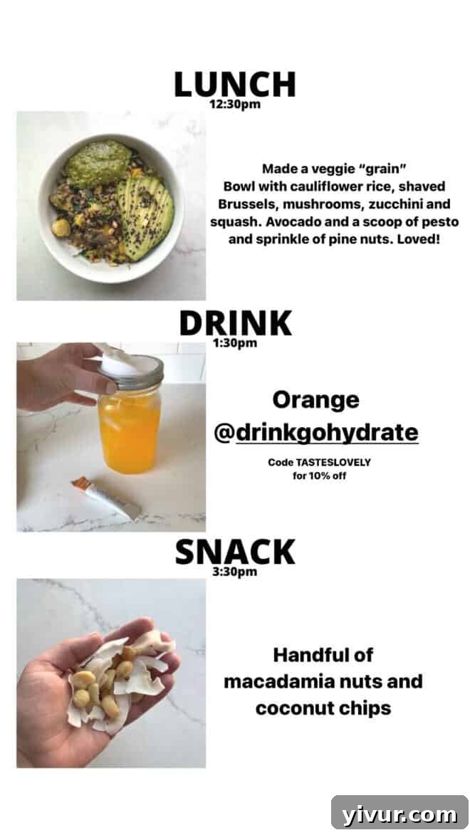 Shaved Brussels Sprouts, Cauliflower Rice, Mushrooms, Zucchini, Squash, Avocado, Pesto, Pine Nuts, hydrating GoHydrate, Macadamia Nuts, and Coconut Chips