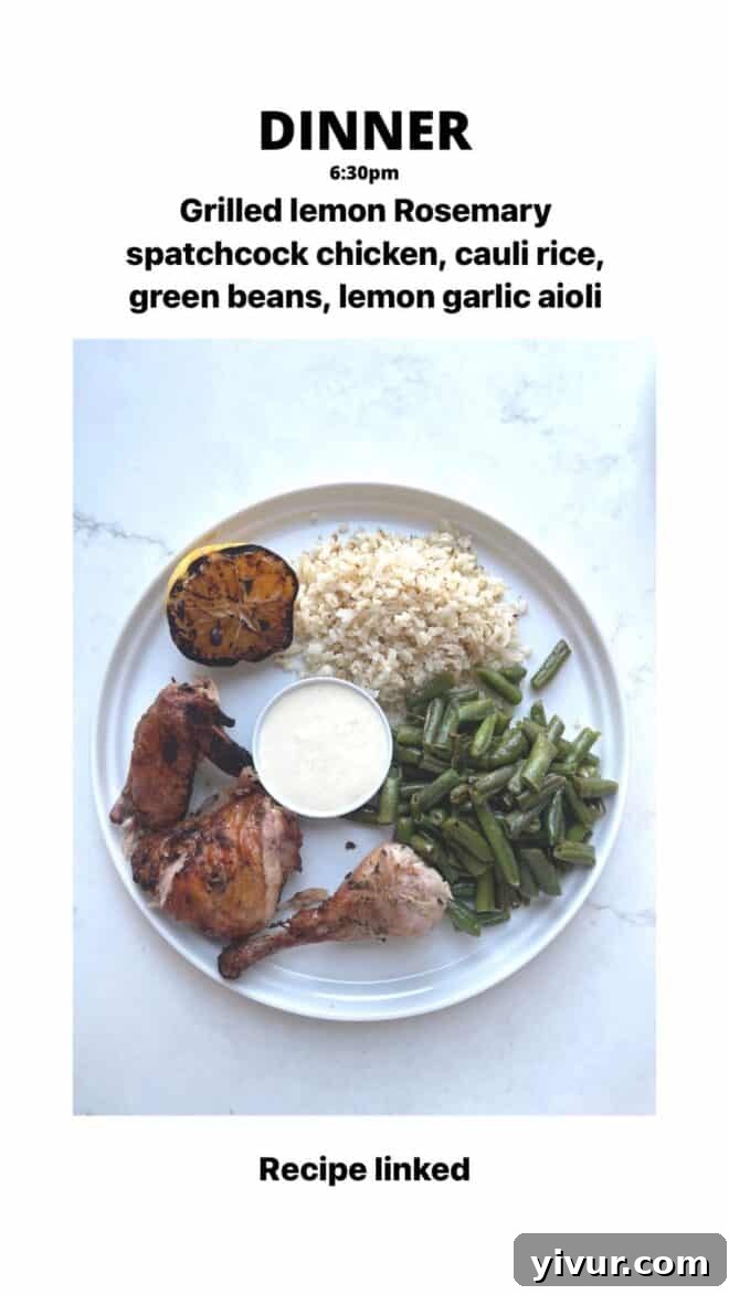 Grilled Lemon Rosemary Spatchcock Chicken, Cauliflower Rice, Green Beans, and a creamy Lemon Garlic Aioli