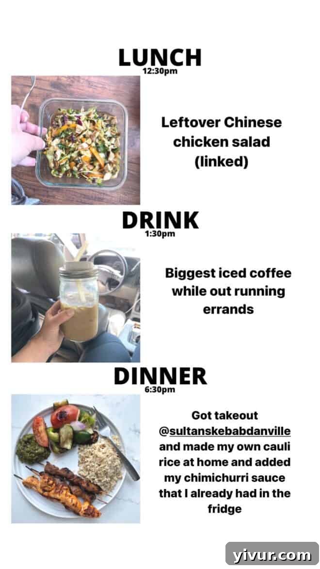 Keto Chinese Chicken Salad, Iced Coffee, Steak and Chicken Kebabs, Cauliflower Rice, and Chimichurri