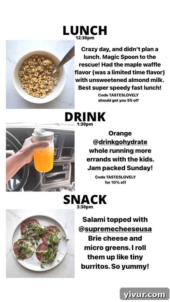 Magic Spoon Cereal with Unsweetened Almond Milk, hydrating GoHydrate, savory Salami, creamy Brie Cheese, and fresh Microgreens