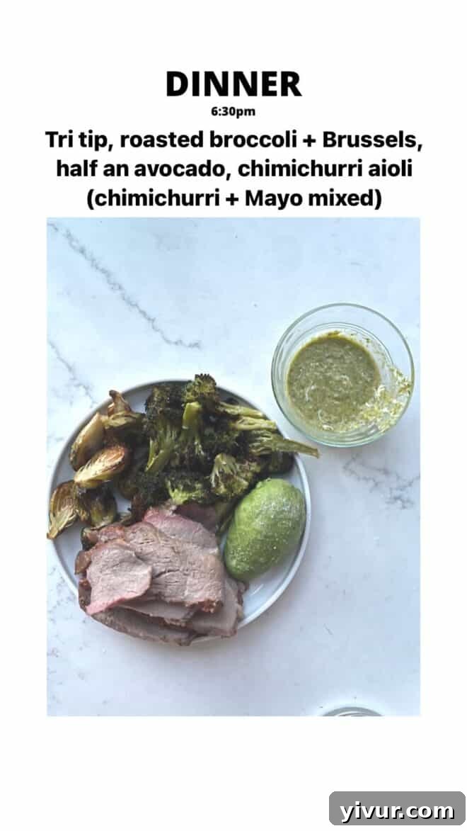 Delicious Tri Tip, roasted Broccoli, roasted Brussels Sprouts, creamy Avocado, and zesty Chimichurri with a side of Mayo