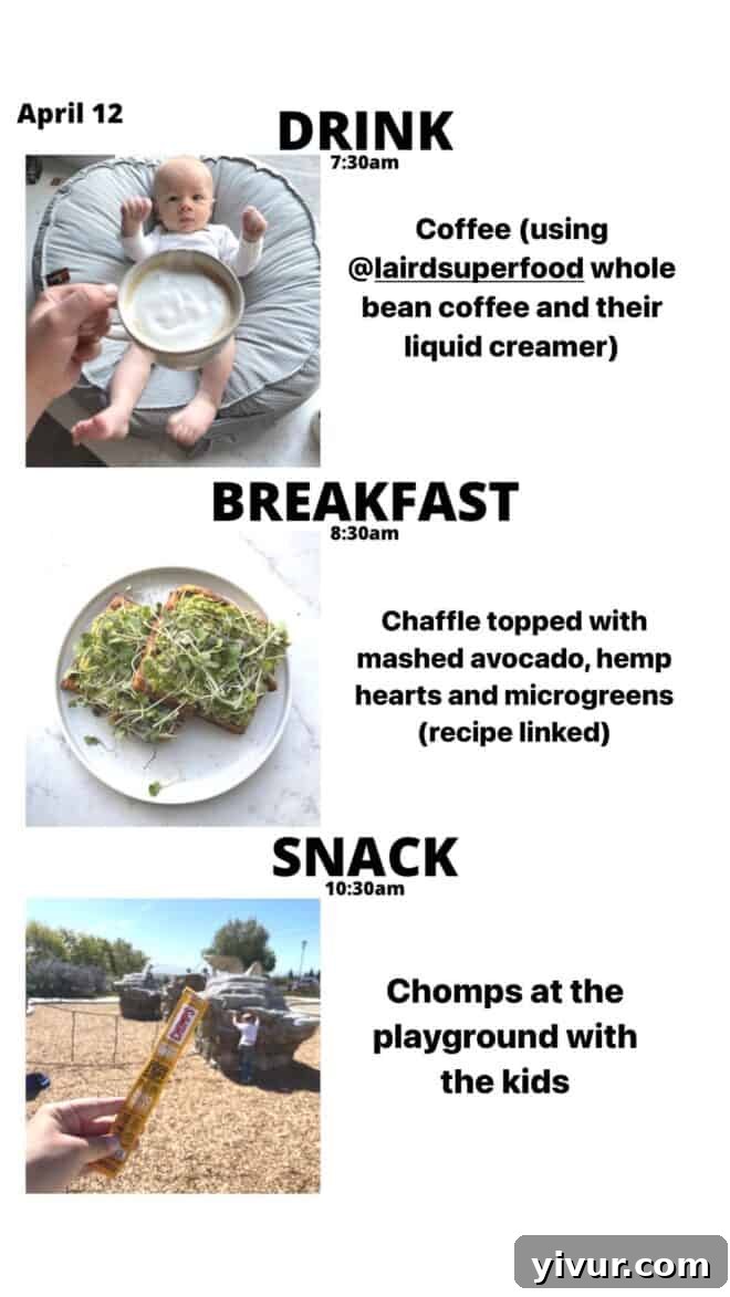 Keto Latte, Chaffles, fresh Avocado, vibrant Microgreens, and a Chomps meat stick for a balanced breakfast