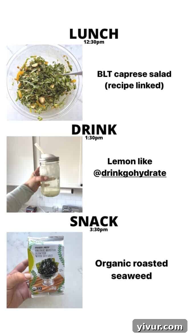 Fresh BLT Caprese Salad, hydrating GoHydrate, and savory Roasted Seaweed