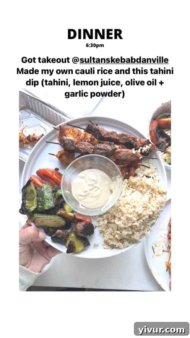 Grilled Steak and Chicken Kebabs, grilled Veggies, Cauliflower Rice, and a creamy Tahini Dip