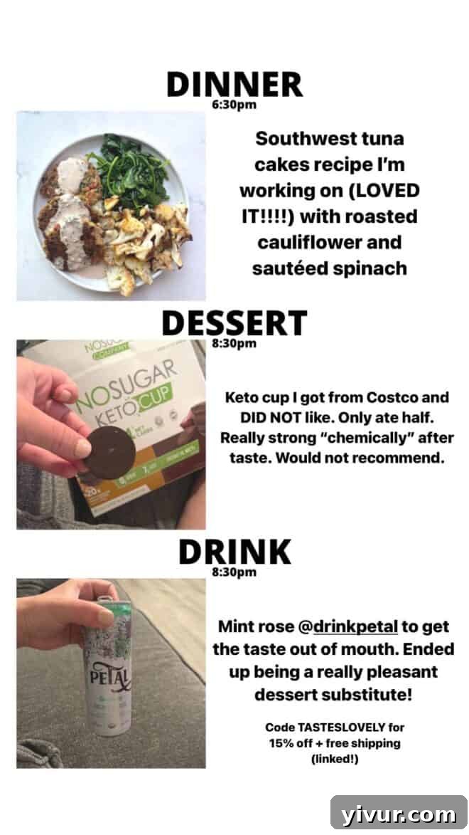 Southwest Tuna Cakes, roasted Cauliflower, sautéed Spinach, a Keto Cup, and a refreshing Mint Rose Petal drink