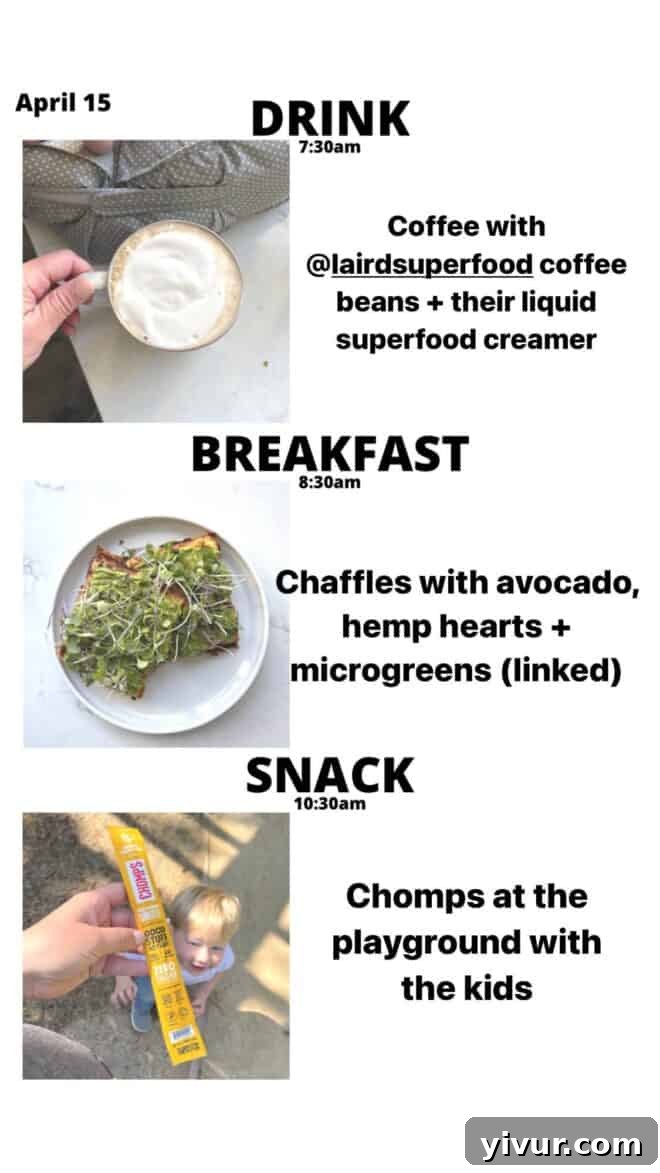 Keto Latte, Chaffles, creamy Avocado, vibrant Microgreens, and a savory Chomps meat stick for breakfast