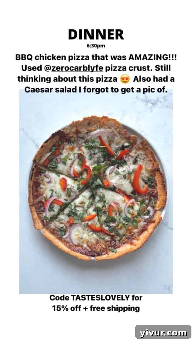 Delicious BBQ Chicken Pizza on a zero-carb crust, served with a crisp Caesar Salad