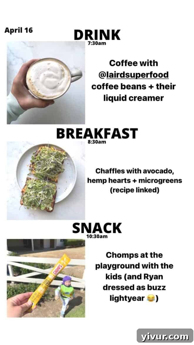 Keto Latte, Chaffles, fresh Avocado, vibrant Microgreens, and a Chomps stick to start the day