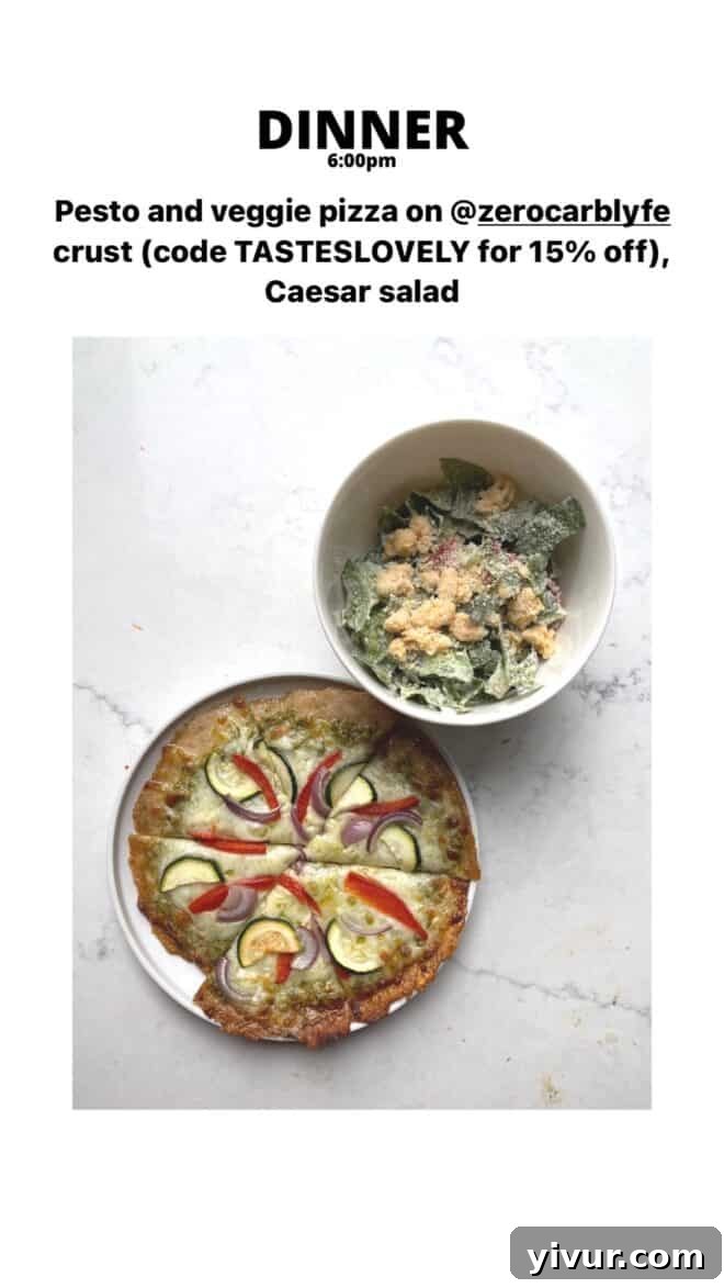 Delicious Pesto and Veggie Pizza on a zero-carb crust with a side of Caesar Salad