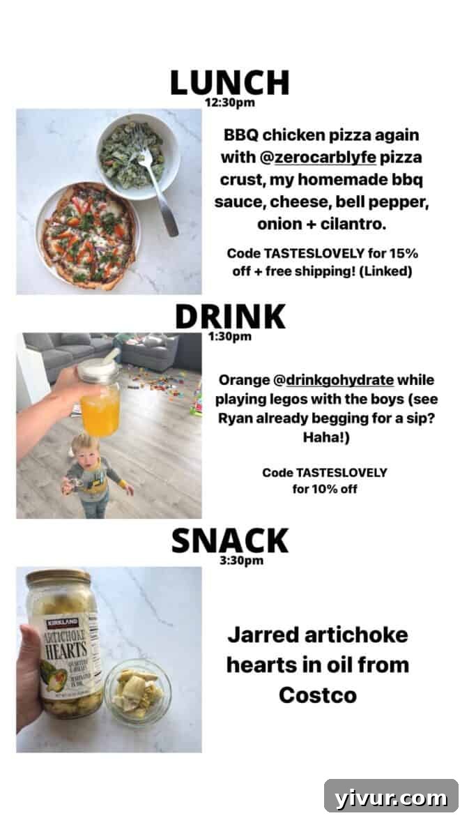 BBQ Chicken Pizza on a zero-carb crust, crisp Caesar Salad, hydrating GoHydrate, and savory Jarred Artichoke Hearts