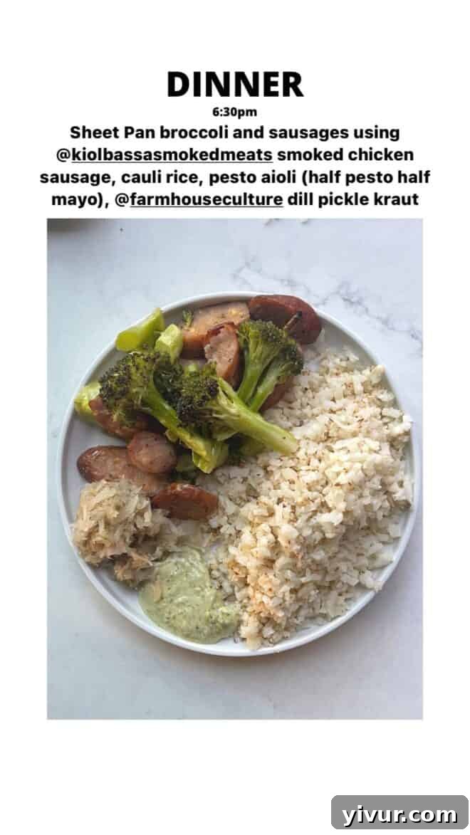 Whole30 Keto Sheet Pan Sausage and Broccoli, Cauliflower Rice, Pesto Aioli, and Dill Pickle Sauerkraut