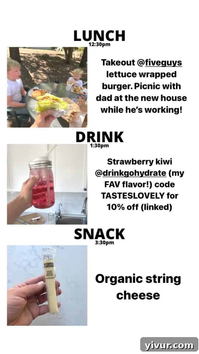 Five Guys Lettuce Wrapped Burger, hydrating GoHydrate, and a String Cheese snack