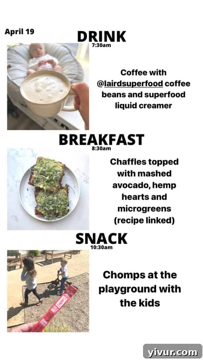 Keto Latte, Chaffles, fresh Avocado, protein-rich Hemp Hearts, vibrant Microgreens, and a Chomps snack