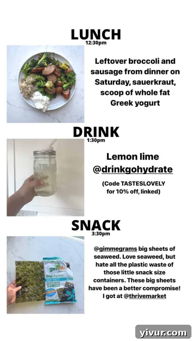 Roasted Broccoli, savory Sausage, tangy Sauerkraut, creamy Greek Yogurt, hydrating GoHydrate, and crunchy Seaweed