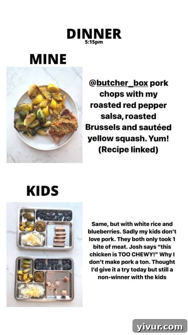 Juicy Pork Chops with Roasted Red Pepper Salsa, roasted Brussels Sprouts, and sautéed Spinach