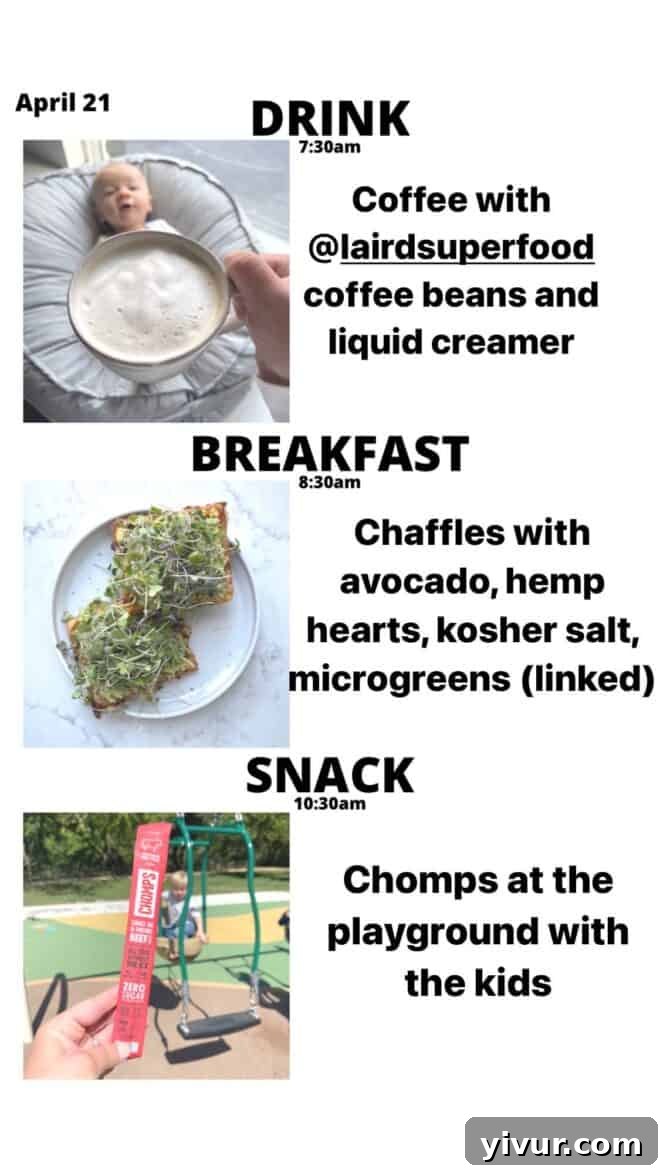 Keto Latte, Chaffles, creamy Avocado, protein-rich Hemp Hearts, vibrant Microgreens, and a savory Chomps meat stick