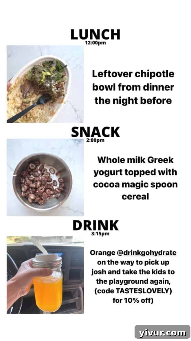 Chipotle Chicken and Steak Burrito Bowl, creamy Greek Yogurt, Magic Spoon Cereal, and hydrating GoHydrate