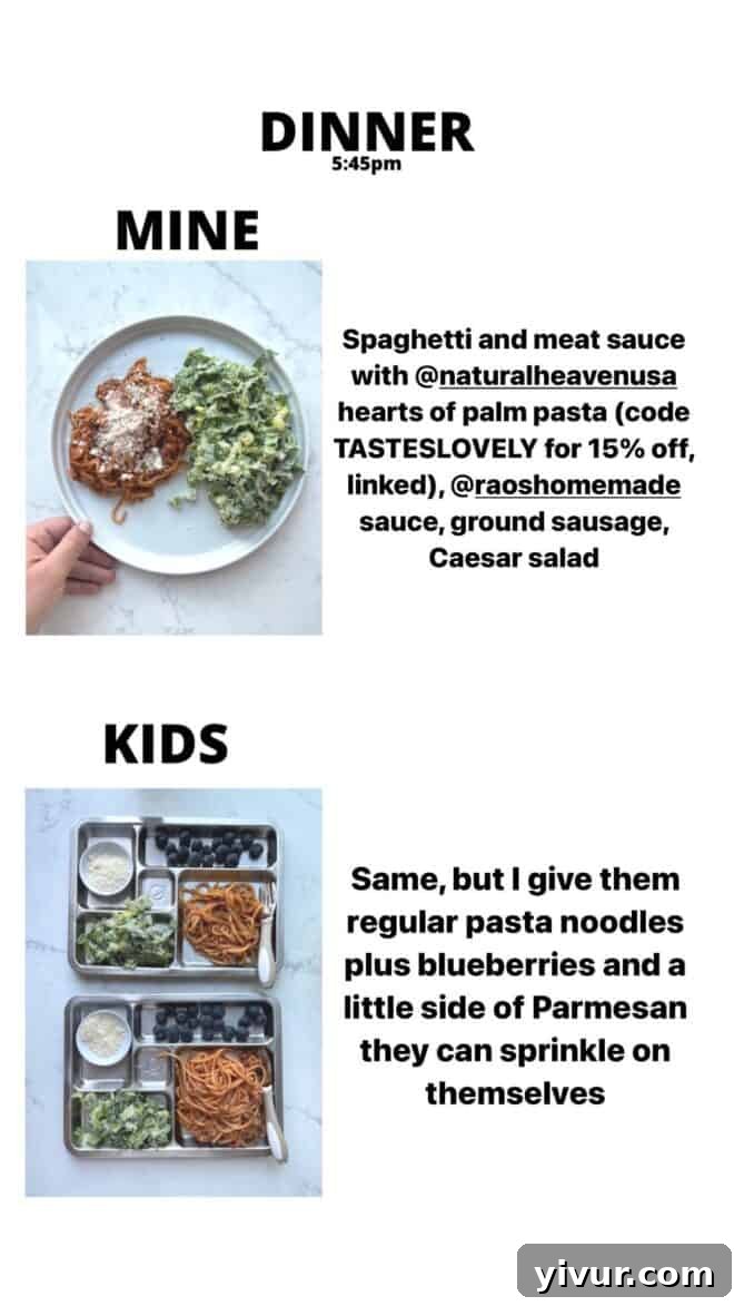 Whole30 Keto Spaghetti with Meat Sauce, Hearts of Palm Pasta, and a crisp Caesar Salad