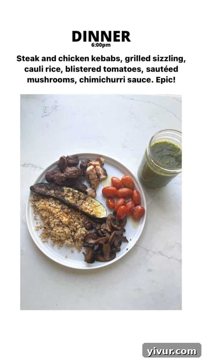 Grilled Steak and Chicken Kebabs, grilled Zucchini, Cauliflower Rice, blistered Tomatoes, sautéed Mushrooms, and Chimichurri sauce