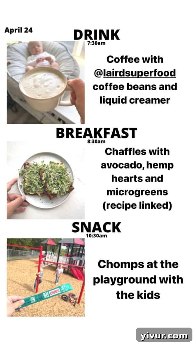 Keto Latte, Chaffles, protein-rich Hemp Hearts, vibrant Microgreens, and a savory Chomps meat stick
