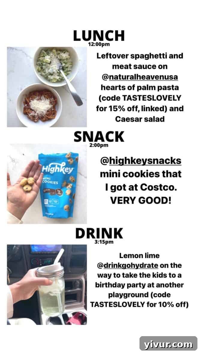 Whole30 Keto Spaghetti with Meat Sauce, Hearts of Palm Pasta, Caesar Salad, Highkey Mini Cookies, and hydrating GoHydrate