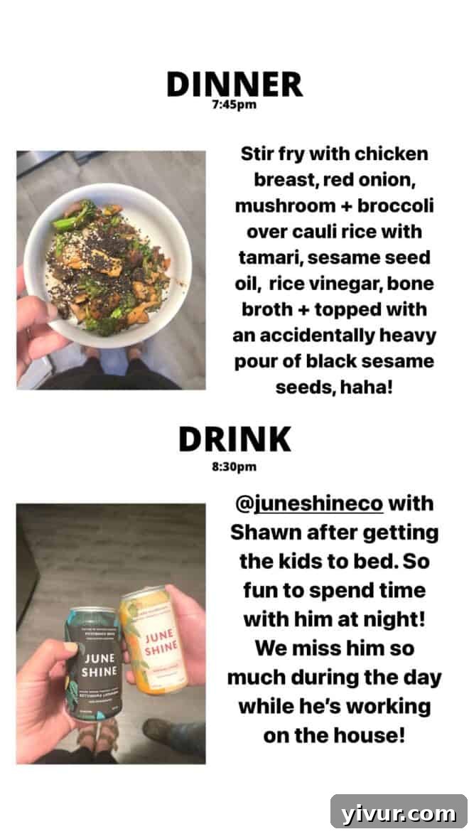 Stir Fried Chicken with Red Onion, Mushroom, Broccoli, Cauliflower Rice, Tamari, Sesame Seed Oil, Rice Vinegar, Bone Broth, Black Sesame Seeds, and a June Shine hard kombucha