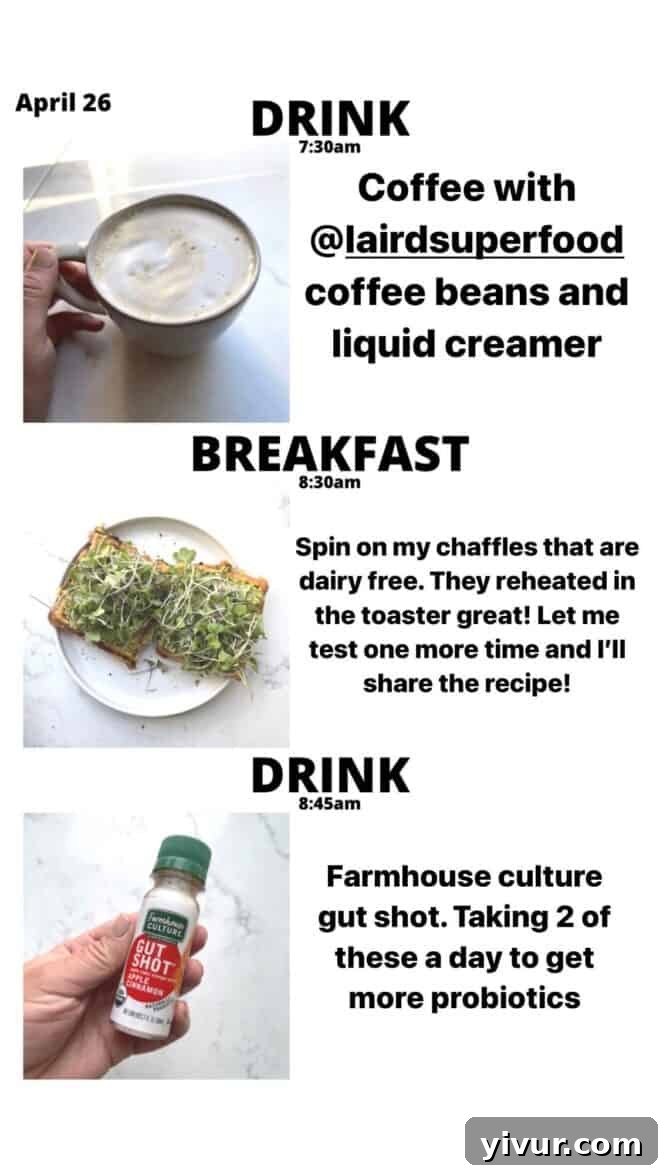 Keto Latte, Chaffles, creamy Avocado, protein-rich Hemp Hearts, vibrant Microgreens, and a Farmhouse Culture Gut Shot