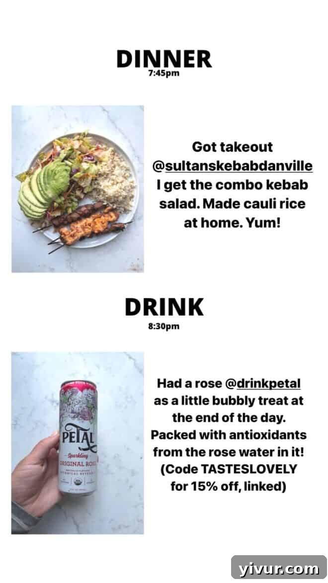 Grilled Steak and Chicken Kebabs, a fresh Salad, creamy Avocado, Cauliflower Rice, and a delicate Rose Petal garnish