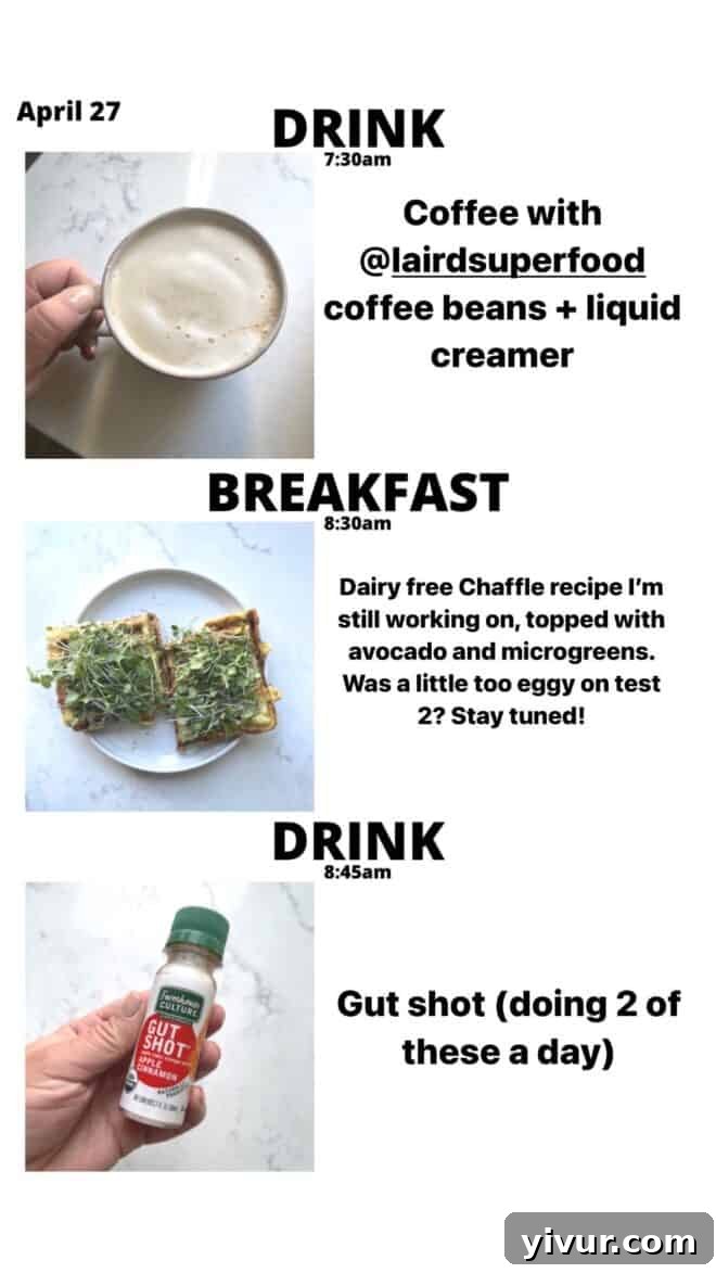 Keto Latte, Chaffles, creamy Avocado, protein-rich Hemp Hearts, vibrant Microgreens, and a Farmhouse Culture Gut Shot