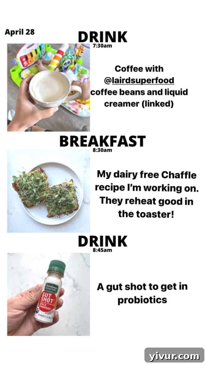 Keto Latte, Chaffles, creamy Avocado, protein-rich Hemp Hearts, vibrant Microgreens, and a Farmhouse Culture Gut Shot for breakfast