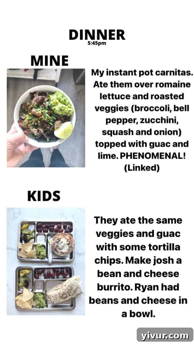 Tender Instant Pot Carnitas, crisp Romaine Lettuce, roasted Veggies, and creamy Guacamole