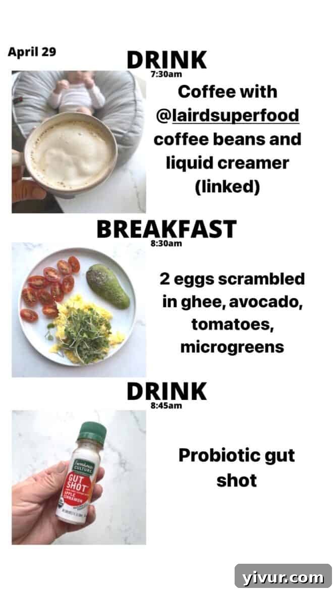 Keto Latte, scrambled eggs, fresh tomatoes, creamy avocado, vibrant microgreens, and a Farmhouse Culture Gut Shot