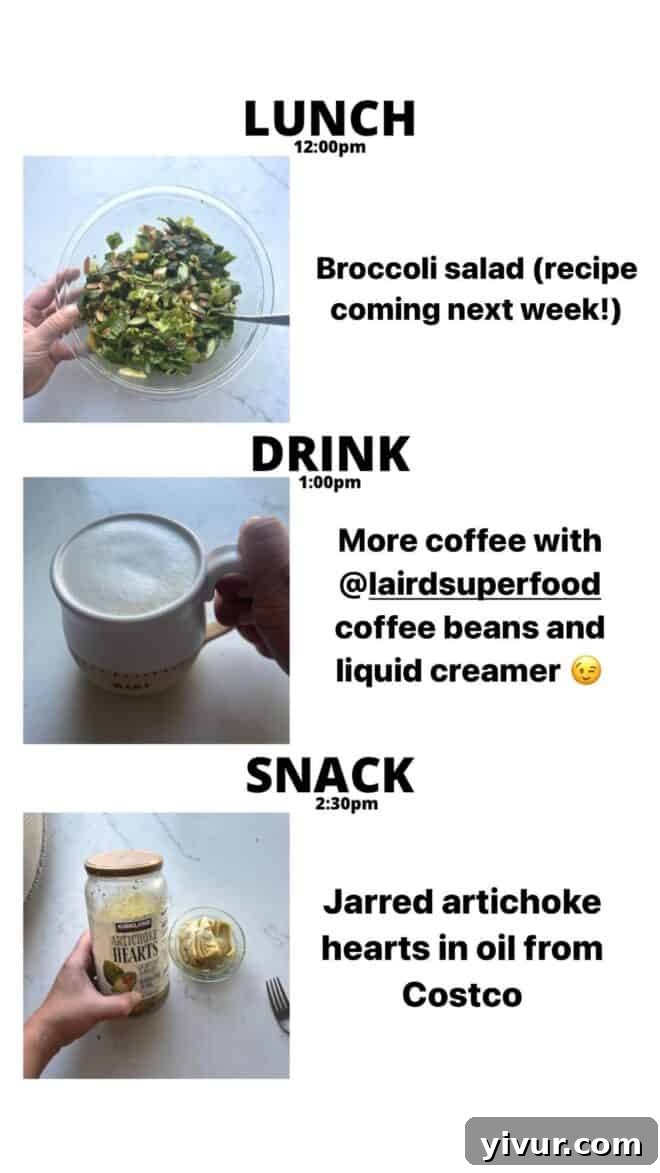 Fresh Broccoli Salad, a creamy Keto Latte, and savory Jarred Artichoke Hearts