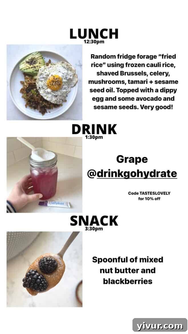 Fridge Leftovers Fried Rice, sunny-side-up Egg, creamy Avocado, Sesame Seeds, hydrating GoHydrate, Nut Butter, and fresh Blackberries