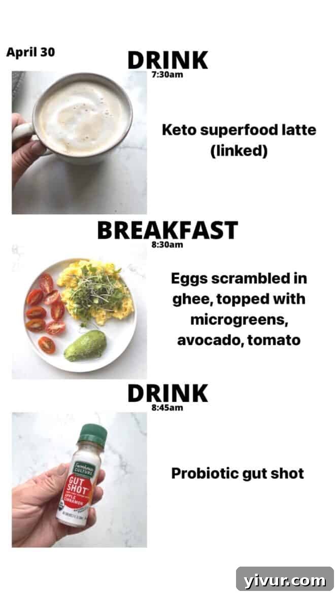 Keto Latte, scrambled eggs, vibrant microgreens, creamy avocado, fresh tomatoes, and a Farmhouse Culture Gut Shot