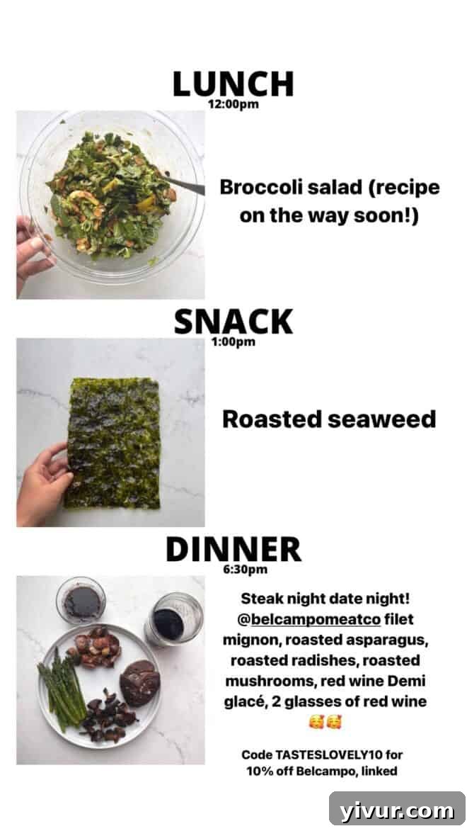 Fresh Broccoli Salad, savory Roasted Seaweed, tender Filet Mignon, roasted Asparagus, roasted Radishes, roasted Mushrooms, rich Red Wine Demi Glace, and a glass of Red Wine