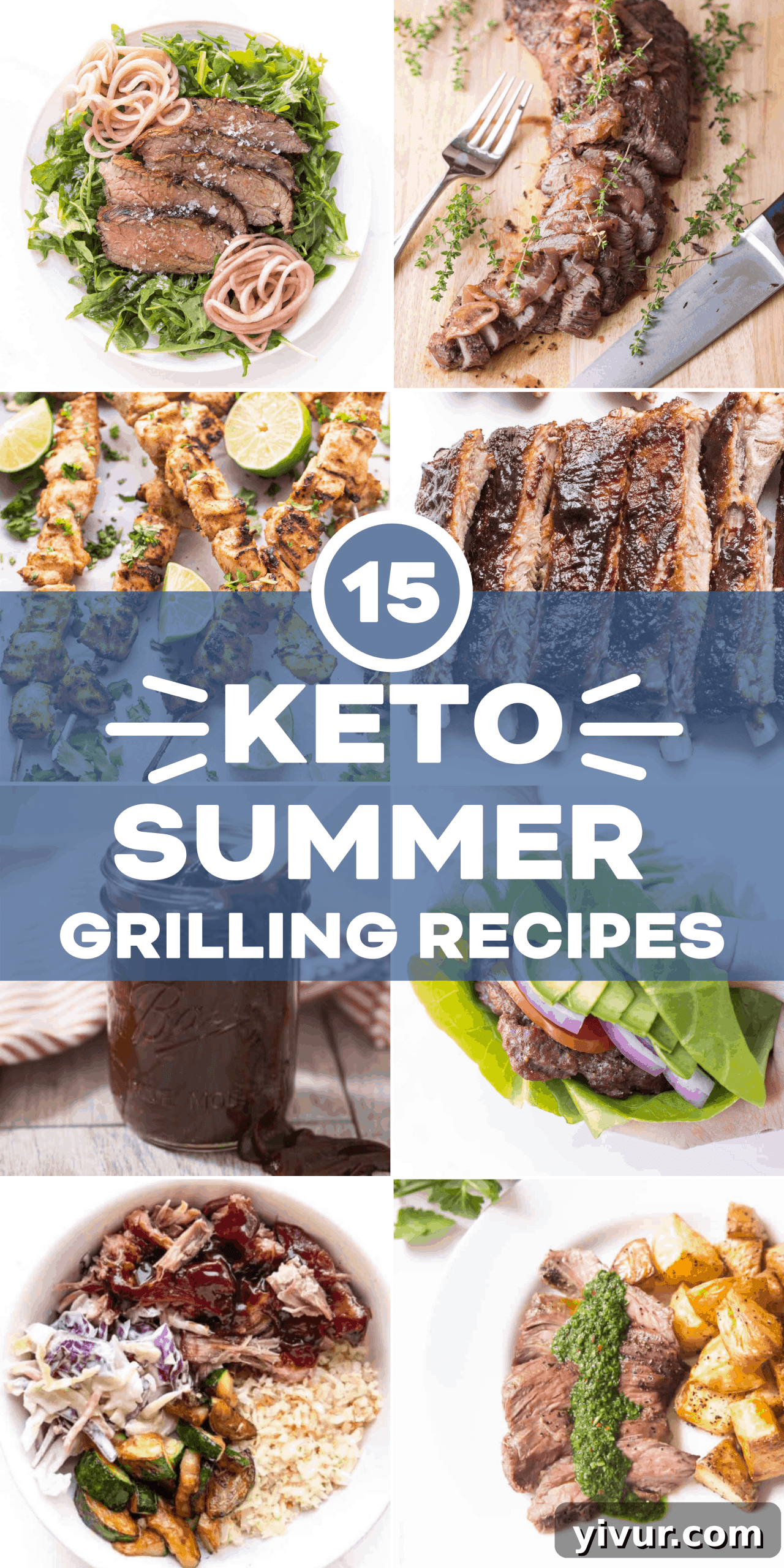 Sizzling Keto Summer: 15 Must-Try Grilling Recipes 2 A vibrant collage of various grilled keto and Whole30 dishes, featuring ribs, chicken, shrimp, and burgers, all ready for a summer barbecue.