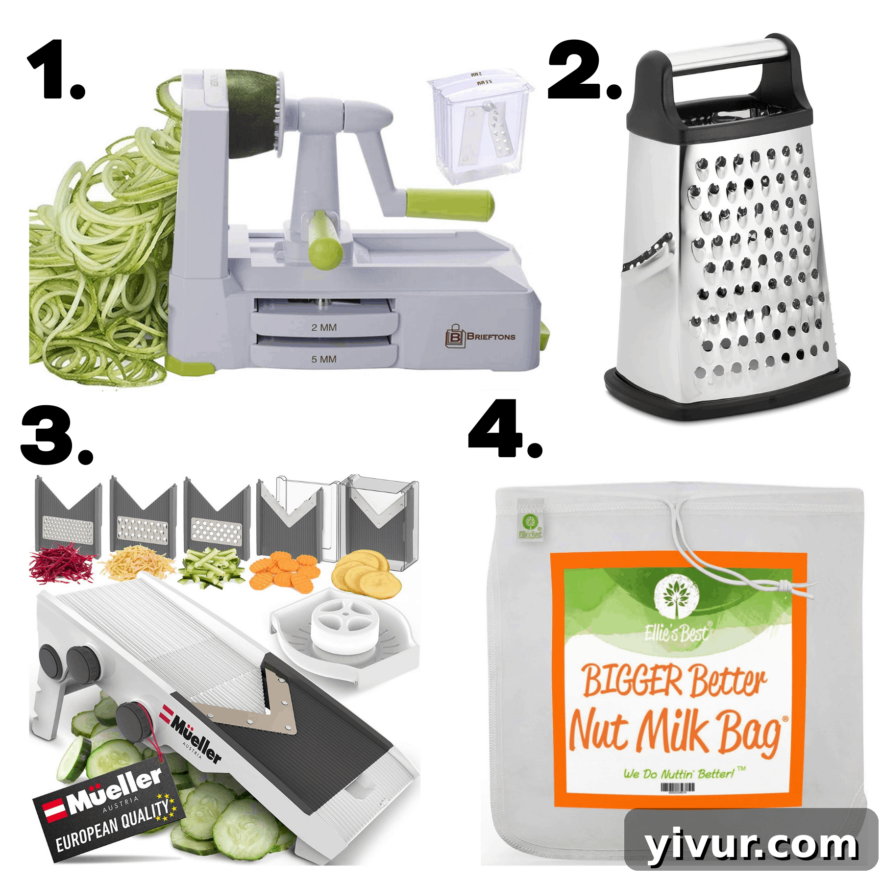 A selection of indispensable kitchen gadgets specifically chosen for efficient zucchini preparation, including a high-quality spiralizer, a sturdy box grater, a precision mandoline slicer, and a fine mesh nut milk bag.