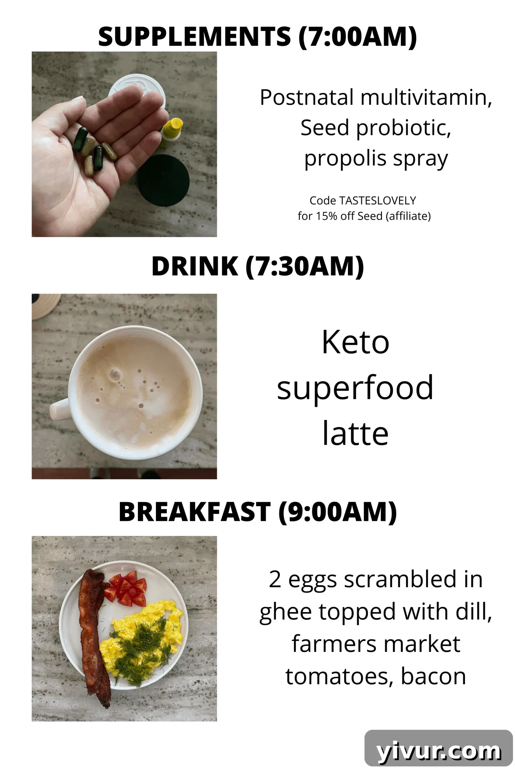 Morning routine with supplements and a keto superfood latte