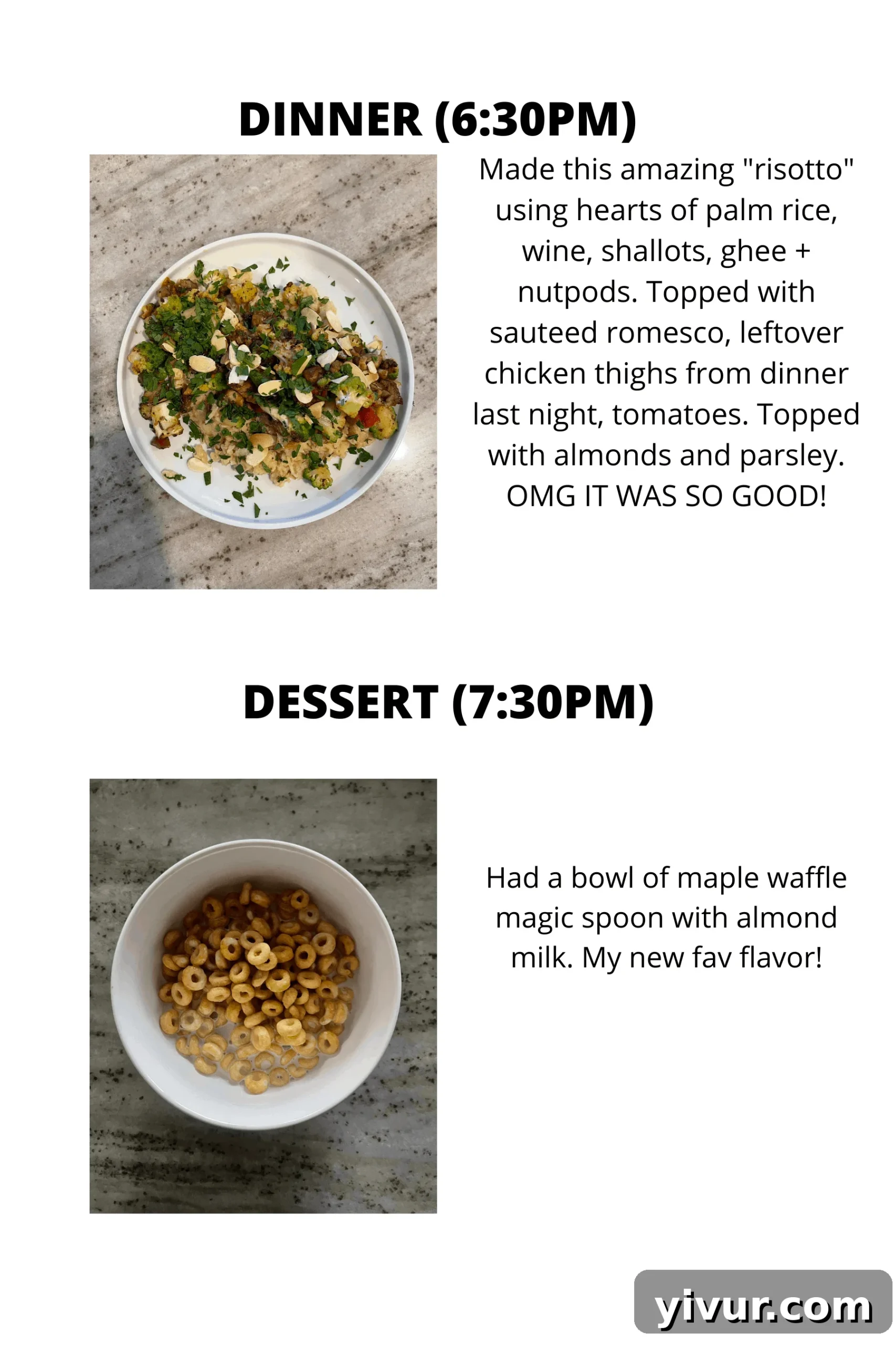 Natural Heaven hearts of palm rice with Belcampo meat and Magic Spoon cereal