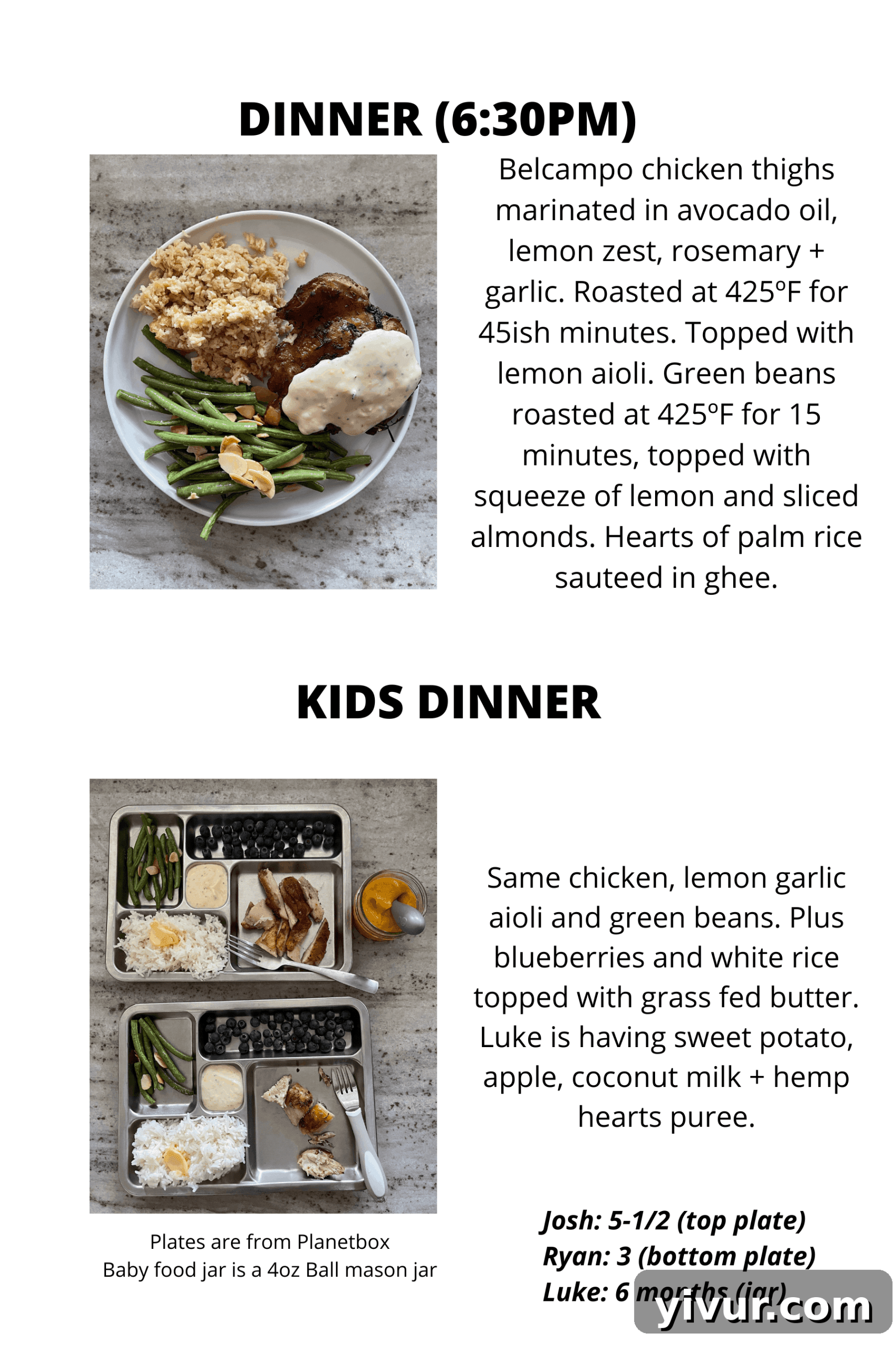 Belcampo meal with lemon garlic aioli, roasted green beans, and hearts of palm rice